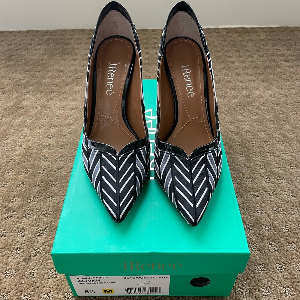 J.Renee Alainn pumps. Like new. Fabric and patent black/gray/white herringbone